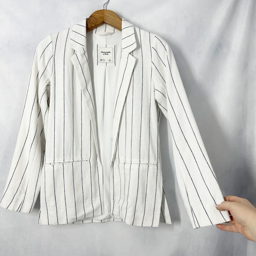 Abercrombie & Fitch Linen Pinstripe Long Sleeve White Blazer Womens Size Small - Picture 3 of 14